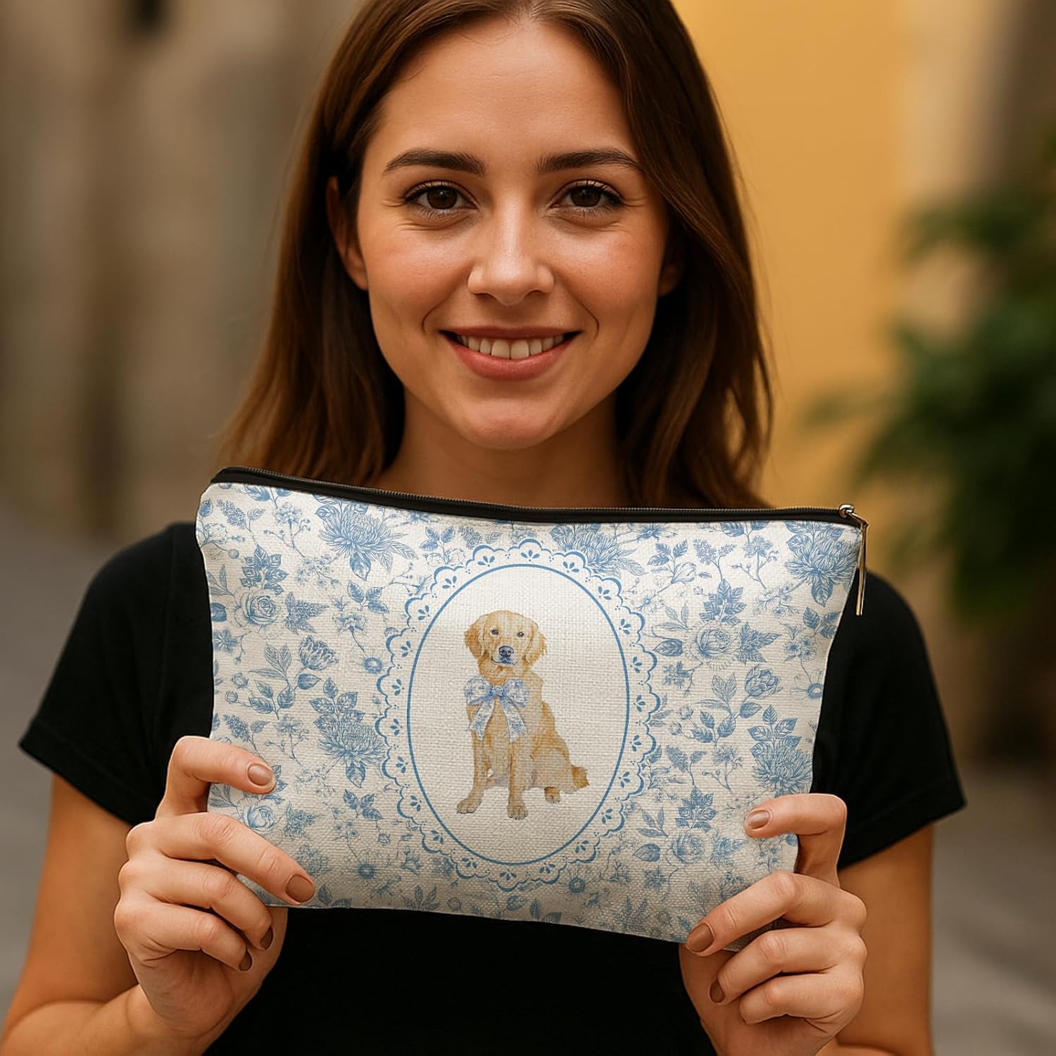 Chinoiserie Golden Retriever Makeup Bag, Blue and White Floral Golden Retriever Cosmetic Bags for Women, Preppy Bow Grandmillennial Botanical Dog Makeup Zipper Pouch - Image 5