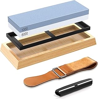 Danhon Premium Whetstone Knife Sharpening Stone 2 Side Grit 1000/6000 Waterstone- Whetstone Knife Sharpener- Nonslip Bamboo Base & Angle Guide & Swinging Knife Cloth (ST-02)