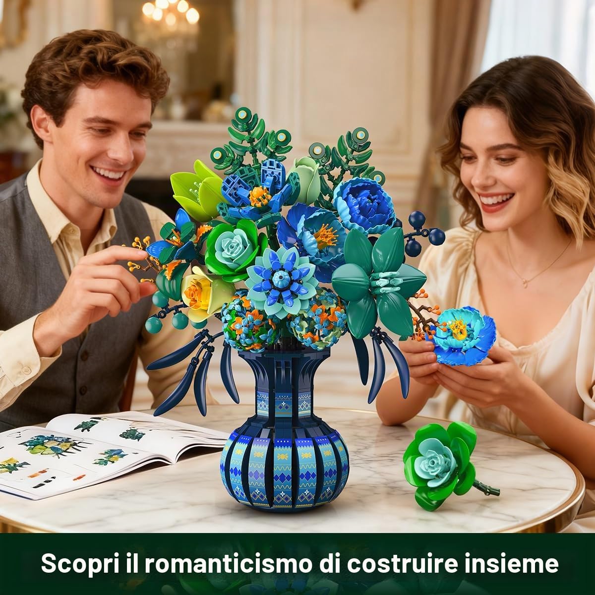 Plaxsoon Set Fiori con Vaso per Adulto, Bouquet Botanico in Mattoncini