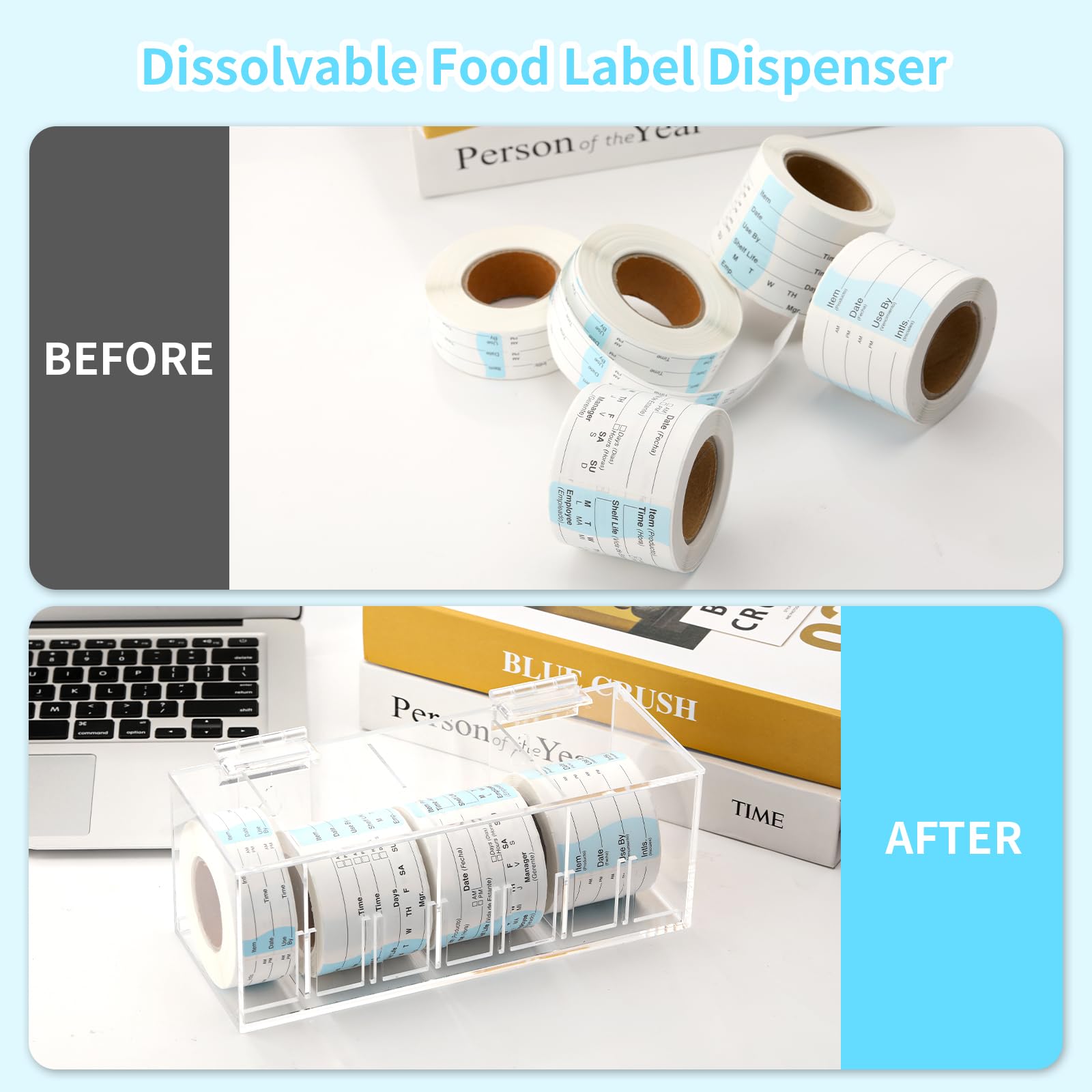Dispenser di etichette alimentari solubile Supporto per etichette adesive Supporto per rotolo adesivo impermeabile Dispenser regolabile per adesivi per data Adesivi settimanali Etichetta mese