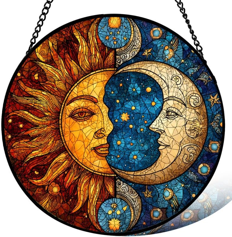 Stained Glass Window Hanging， Sun and Moon 11.8in Sun Catchers Indoor Window， Core Decor Inside and Outside The Cottage， Celestial Art Home Decoration， Gifts for Women