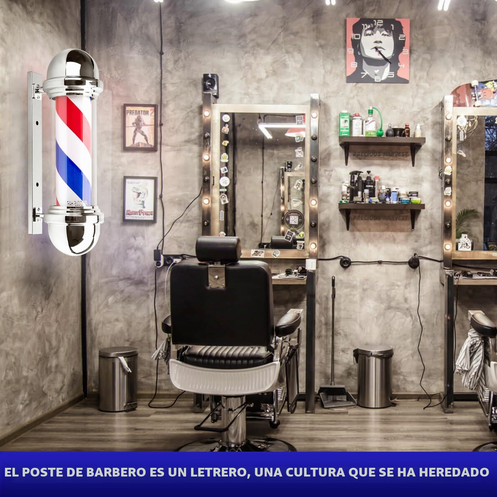 Vara Barbier de 51 cm, Luz giratoria de Barbería en Rojo, Azul y Blanco, Carteles clásicos para Salón de Peluquería, Fuente de luz LED (Plateado)