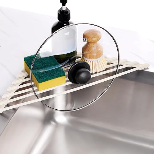 Miniatura 4 de Tomorotec Escurridor de platos compacto con revestimiento de silicona triangular para esquina del fregadero, organizador plegable de acero