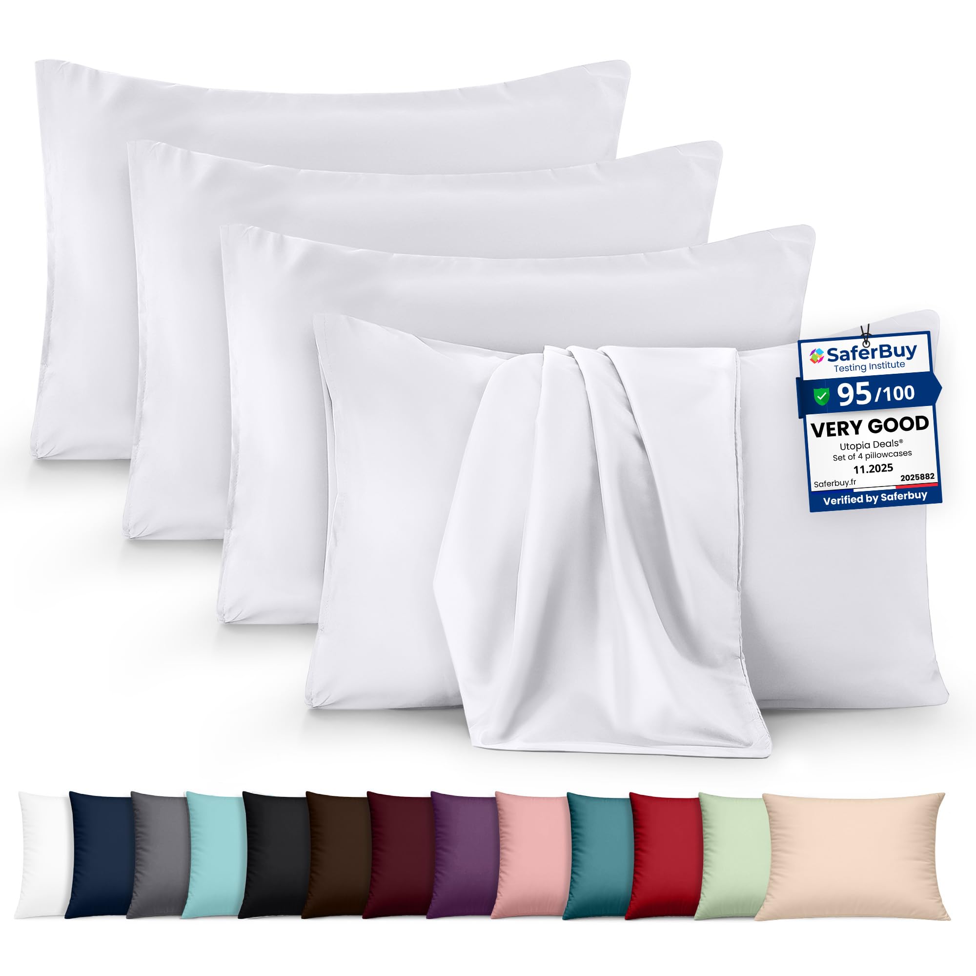 4 Pack Pillow Cases - OEKO-TEX - Standard Size 50x75 cm - 100% Brushed Microfiber Pillowcases with Envelope Closure, pillows not included - Wrinkle, Fade, & Stain Resistant - White
