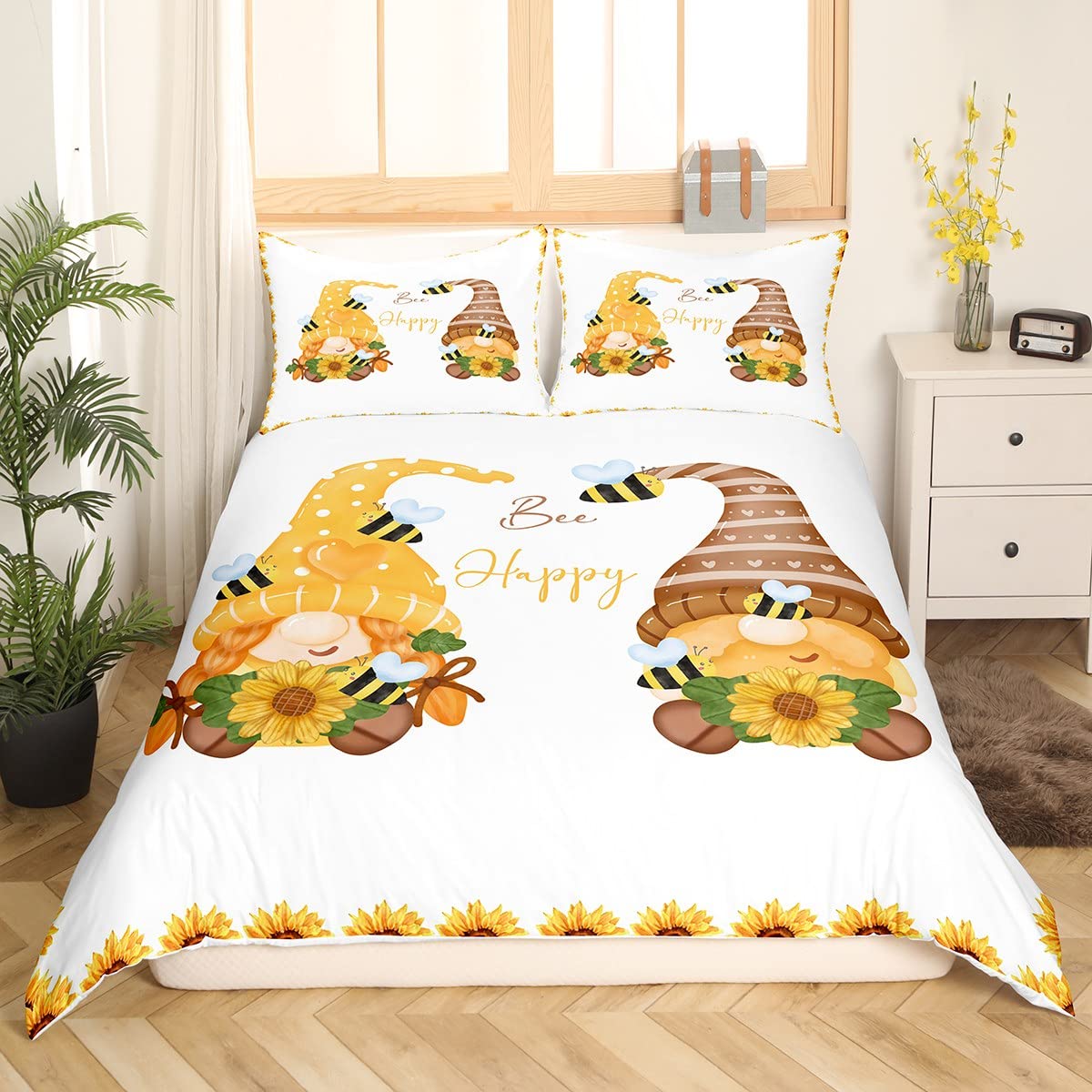 Cute Gnomes Duvet Cover For Kids Teens Adult Rustic Sunflower Bedding Set Double Size Countryside Honeybee Comforter Cover All Season Spring Gnome Floral Bed Cover With 2 Pillowcase Ultra Soft - Image 3