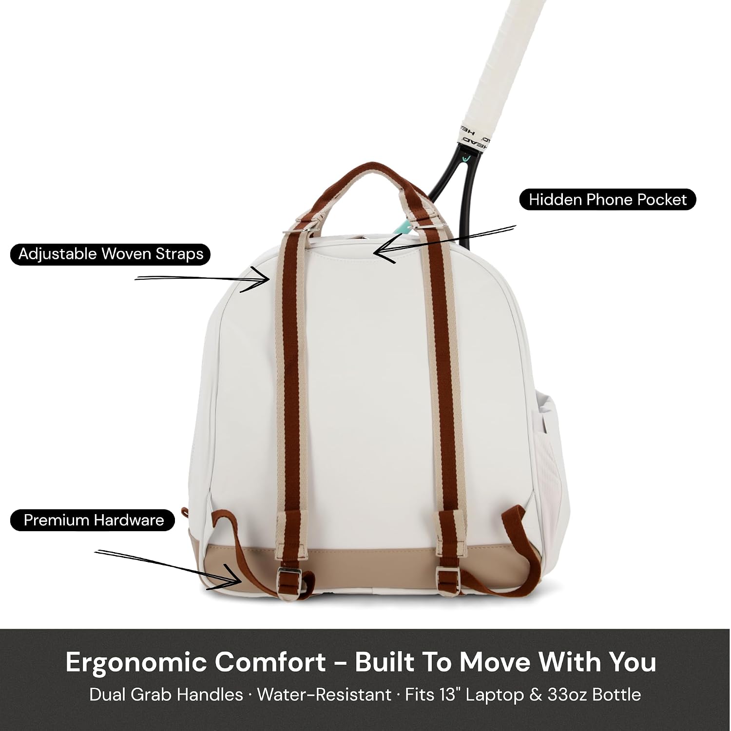 AYRES Tennis Backpack for Women - Beauty Pouch Included | Holds 2 Rackets | One bag that handles your game and your day — water-resistant, works for tennis, padel and pickleball, court to everywhere