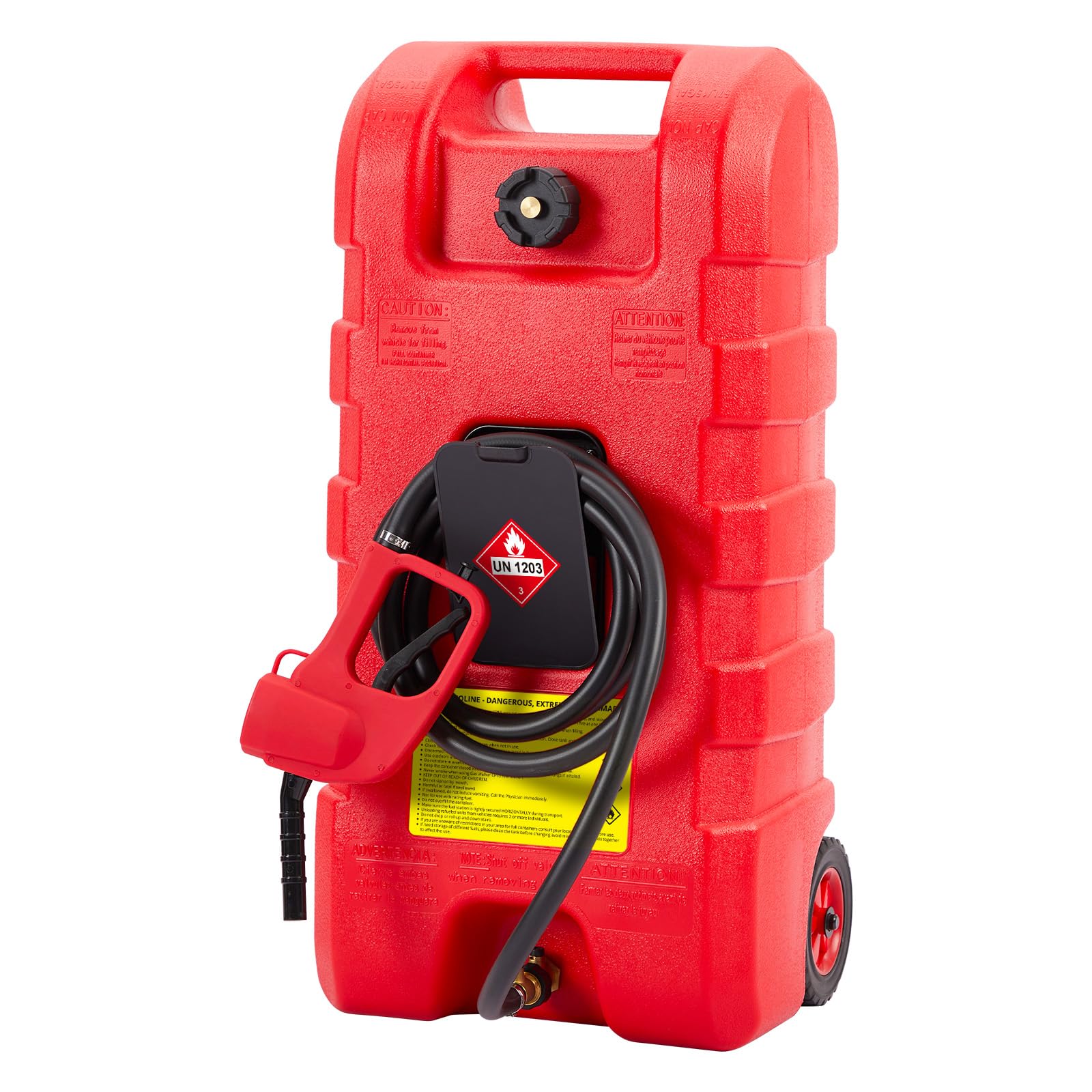 15Gallon Fuel Can with Manual Pump, 3M Hose, Portable Gas Caddy with Wheels