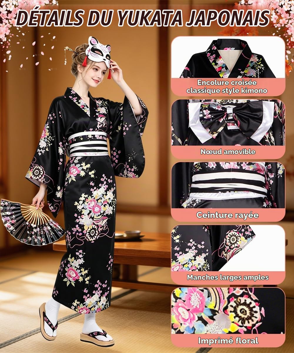 Robe Japonaise Geisha Yukata, Kimono Japonais Femme avec Sac, Éventail, Épingle à Cheveux, Tenue Japonais Yukata pour Cosplay, Carnaval, Fête