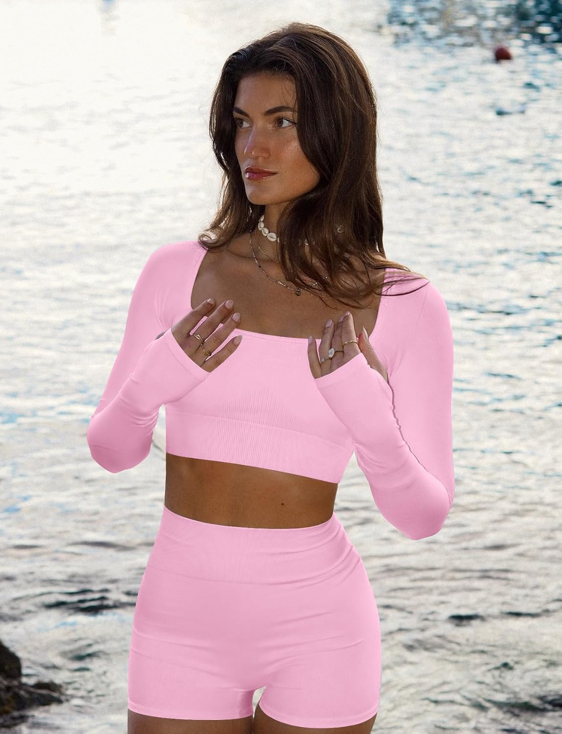 Niipty Two Piece Workout Set for Women Long Sleeve Top Matching High Waist Scrunch Butt Shorts Gym Sets Yoga Outfits - Image 5