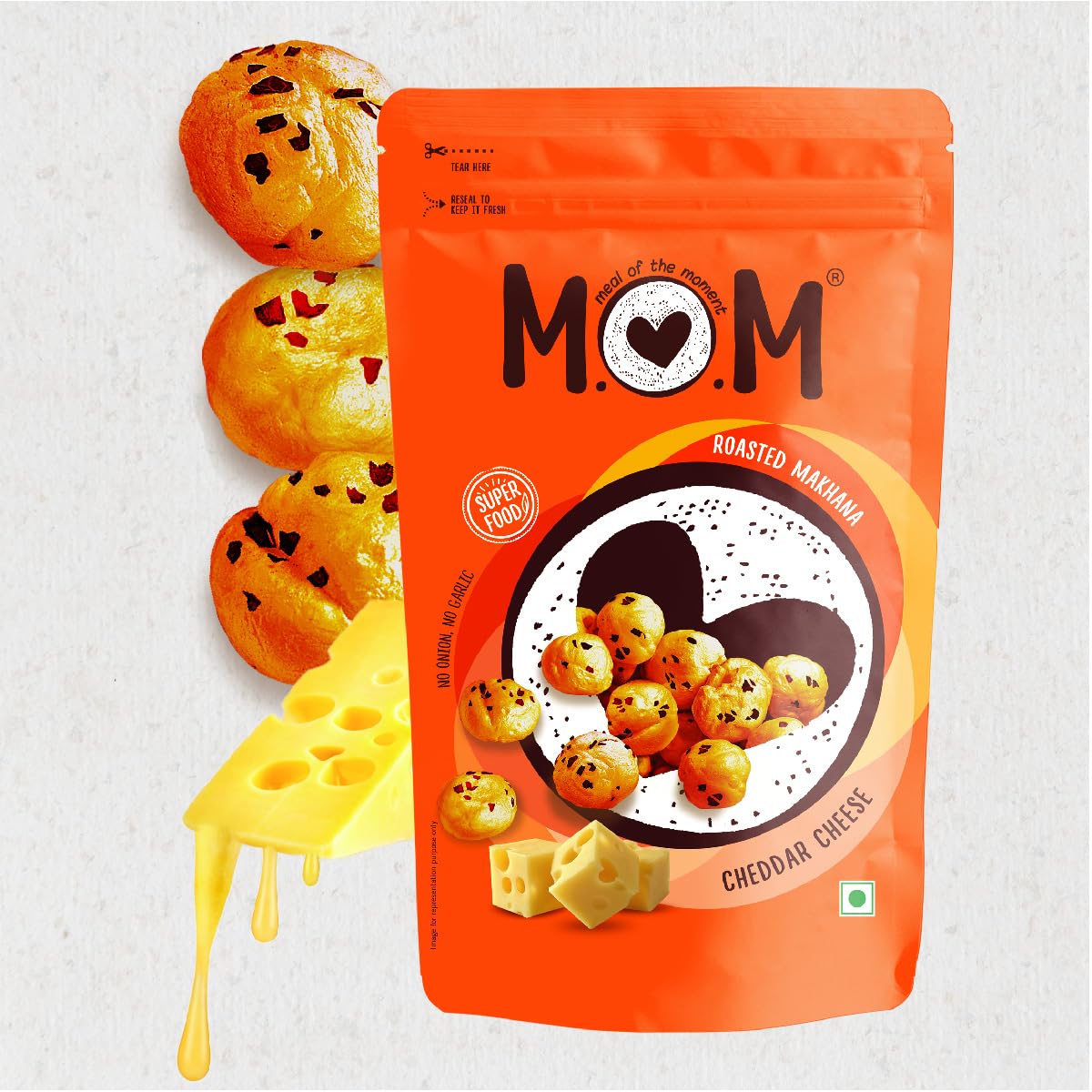 MOM - Meal of the Moment, Roasted Makhana Pack of Tomato Achaari, Cheddar Cheese, and Cream N Onion, 52g - Gluten Free | Anti Oxidants | MSG Free | Zero Trans Fat | No added Preservatives and No Artificial Flavours - Image 5 thumbnail
