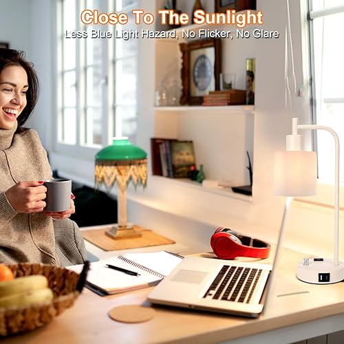 Miniatura 4 de Lámpara de mesa industrial, lámpara de escritorio dorada regulable continua con 2 puertos USB y toma de corriente alterna, pantalla de vidrio