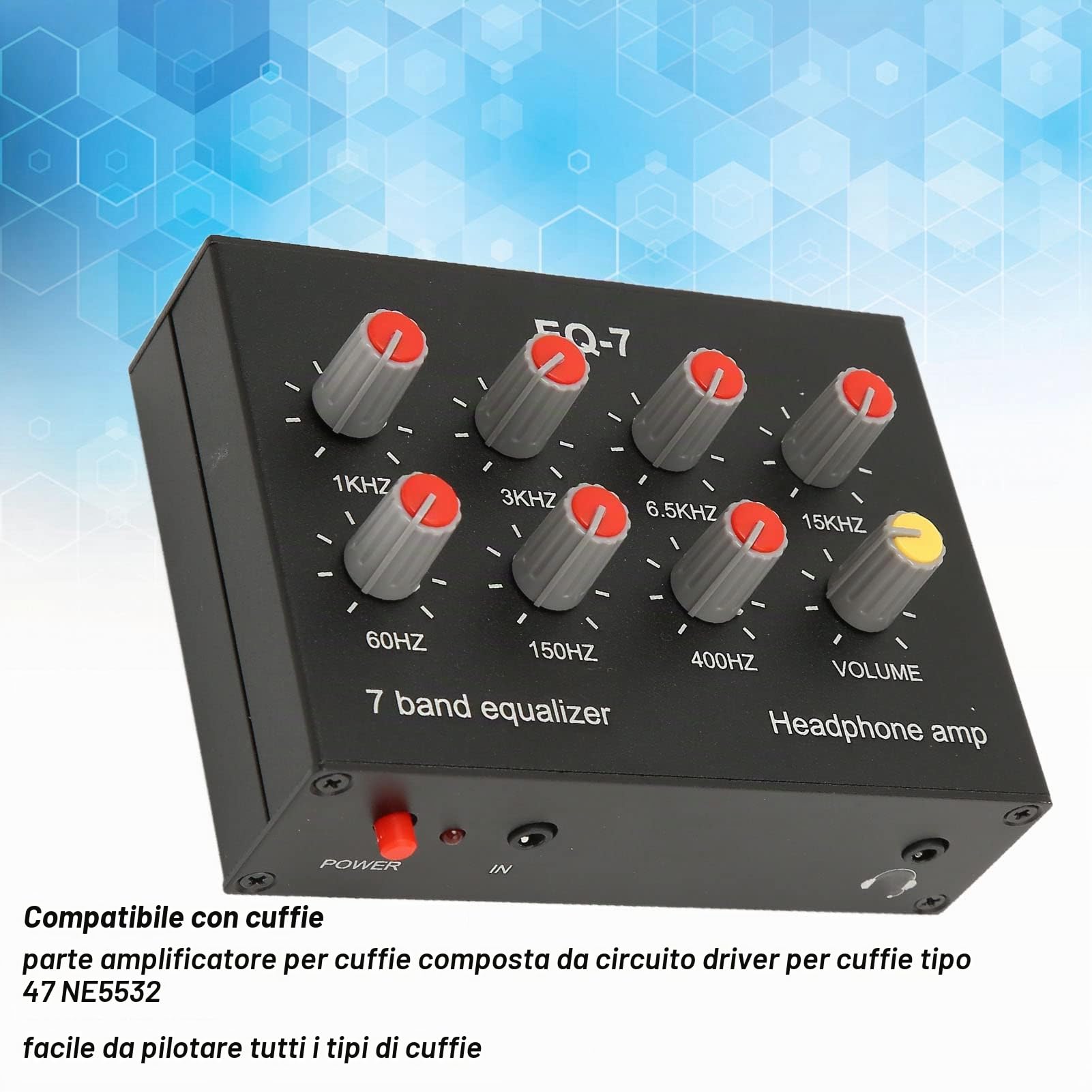 Equalizzatore a 7 Bande, 12dB, Regolazione dei Bassi Alti, Equalizzatore Digitale a Doppio Canale, Ingresso di Uscita , Interfaccia da 3,5 Mm, per Registrazione, Streaming,
