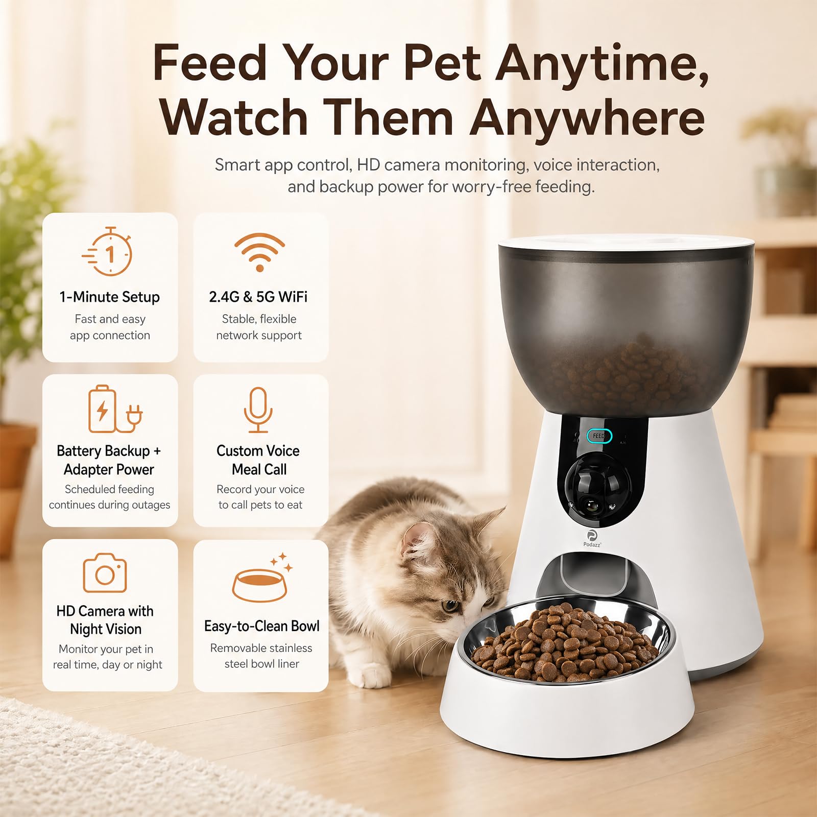 Podazz Comedero Gato Automático con Cámara 1080P, WiFi 5G/2.4G, Dispensador de Comida para Gatos y Perros 4L con App, Visión Nocturna, Audio Bidireccional, 10 Comidas al Día, Detección de Movimiento