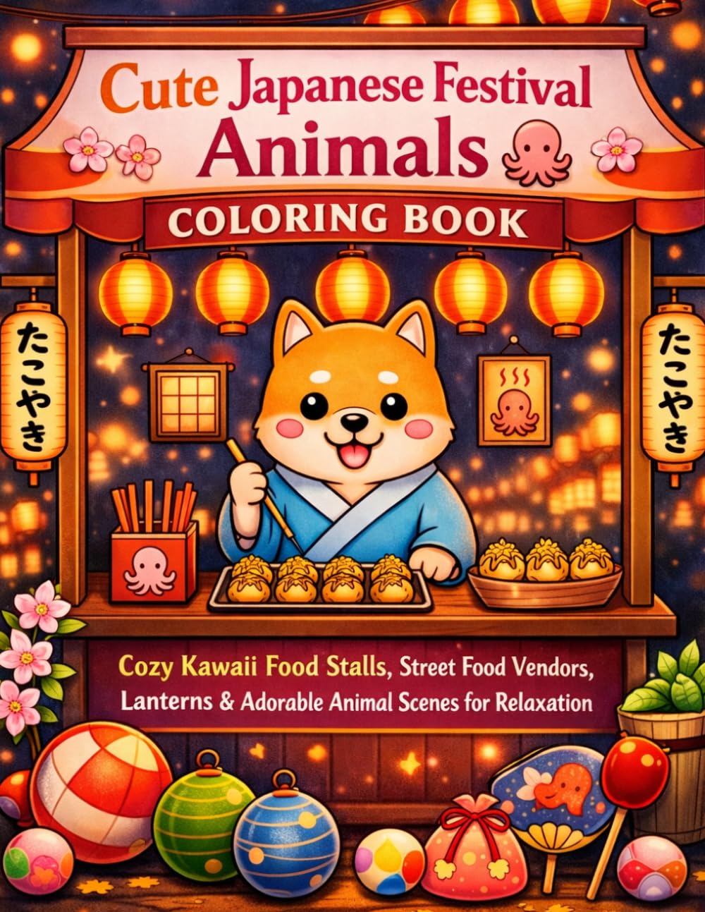 Cute Japanese Festival Animals Coloring Book: Cozy Kawaii Food Stalls, Street Food Vendors, Lanterns & Adorable Animal Scenes for Relaxation