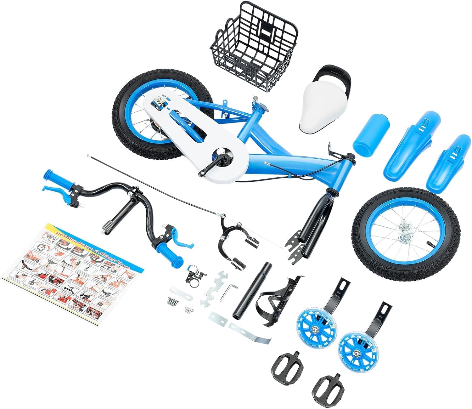 Bicicleta infantil de 12 pulgadas azul con ruedas estabilizadoras, altura ajustable para niños de 2 a 5 años con cesta, soporte de agua y freno doble para niños y niñas