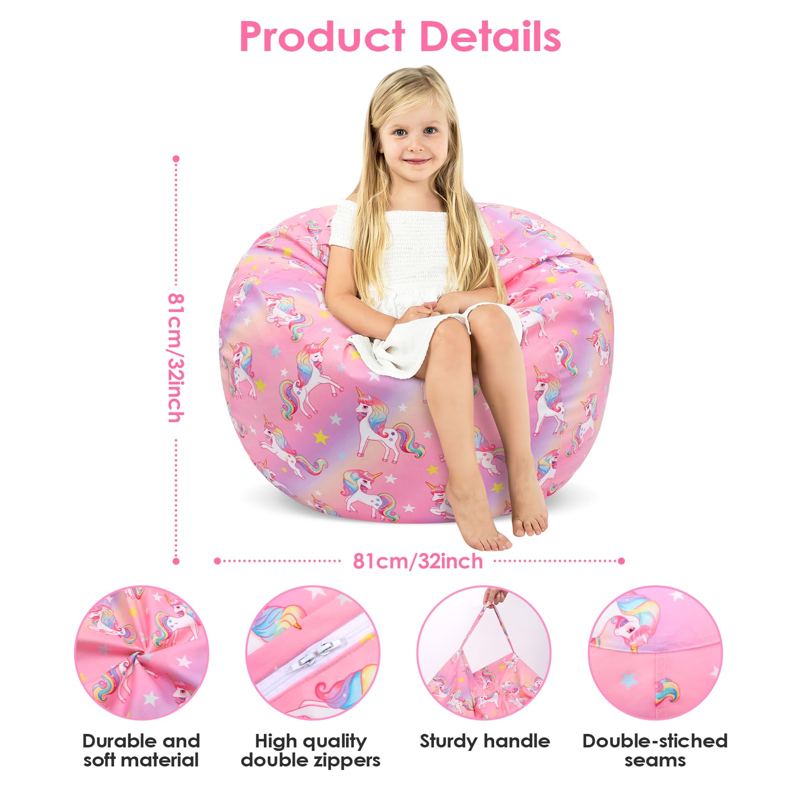 Kids Bean Bag Chair-Cover Only-Large Stuffed Animal Storage Bean Bag for Girls Boys Indoor Outdoor (No Filling),Unicorn Gradient - Image 3