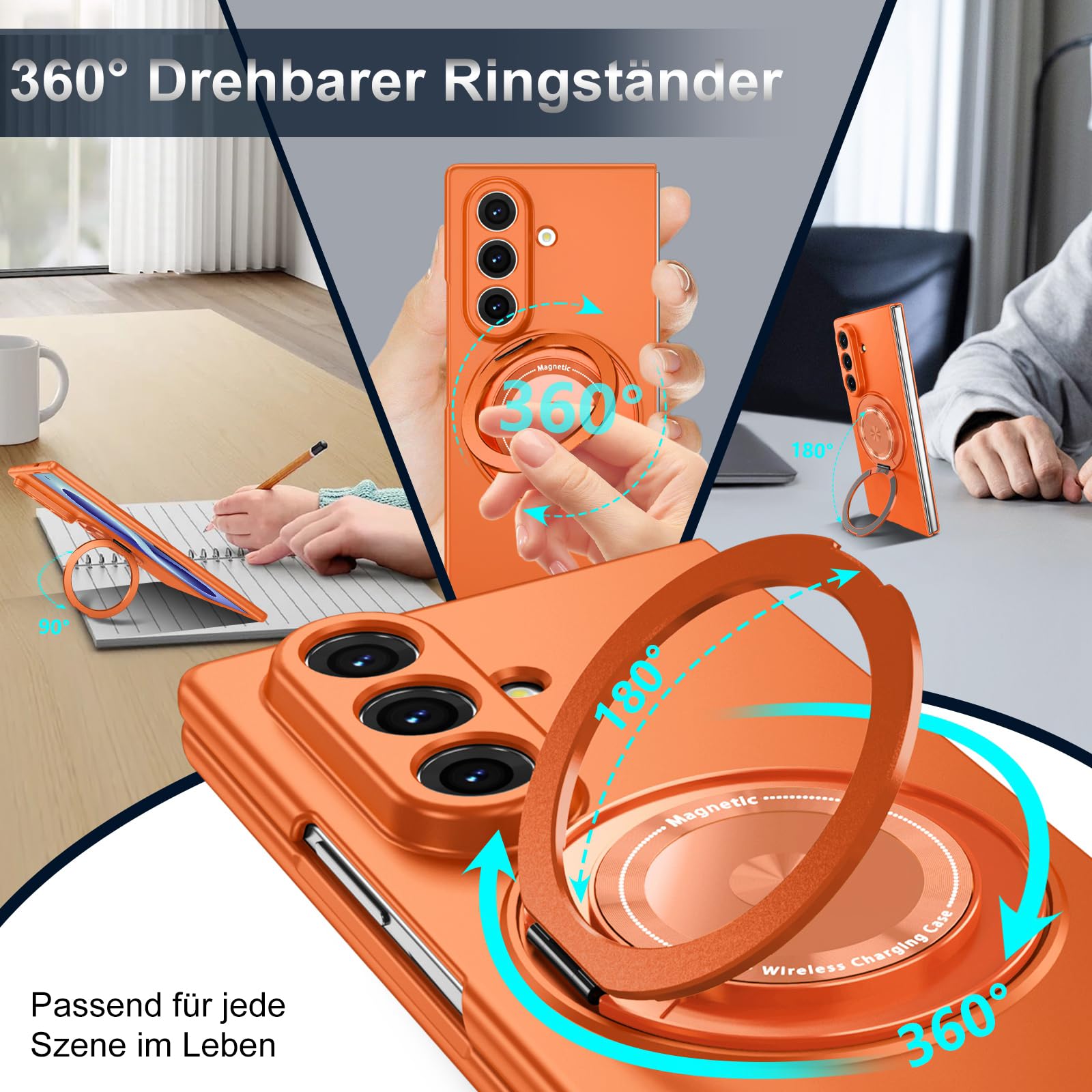 Custodia magnetica per Samsung Galaxy Z Fold 8 Ultra, con supporto ad anello in metallo a 360°, opaca, per esterni, antiurto, arancione