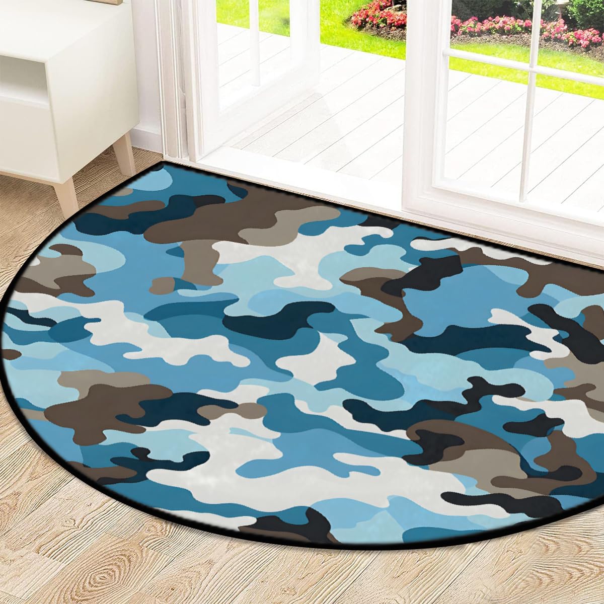 Mexpekil Paillasson demi-lune pour intérieur et extérieur - Motif camouflage - Lavable - Absorbant - Demi cercle - Gris et bleu - 100 x 160 cm