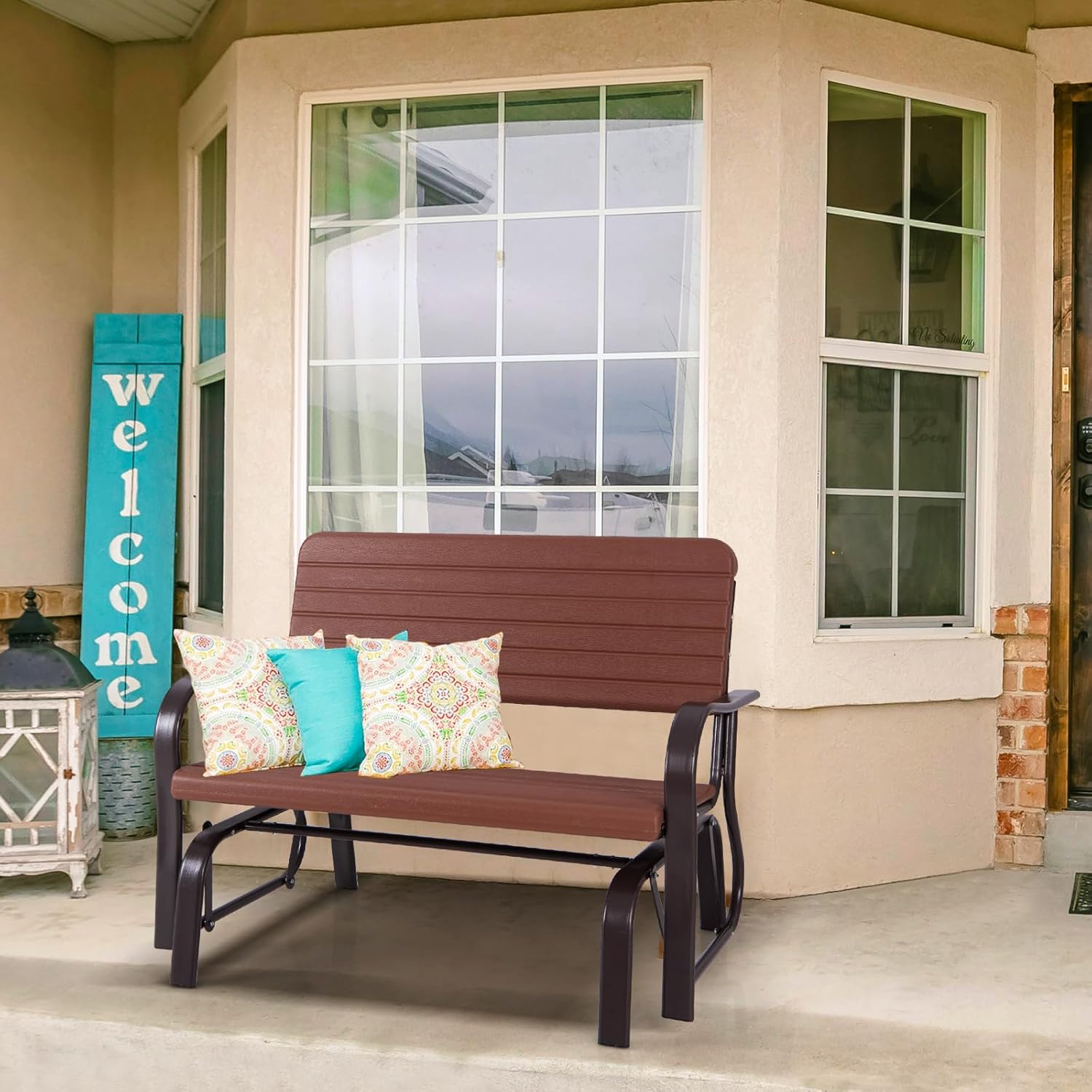 Giantex Outdoor Gliders for Outside Patio - Porch Glider w/Steel Frame, Weather Resistance HDPE Back & Seat, 600Lbs Capacity Loveseat, 2-Seat Rocker for Deck, Yard, Lawn, Outdoor Glider Bench (Brown)