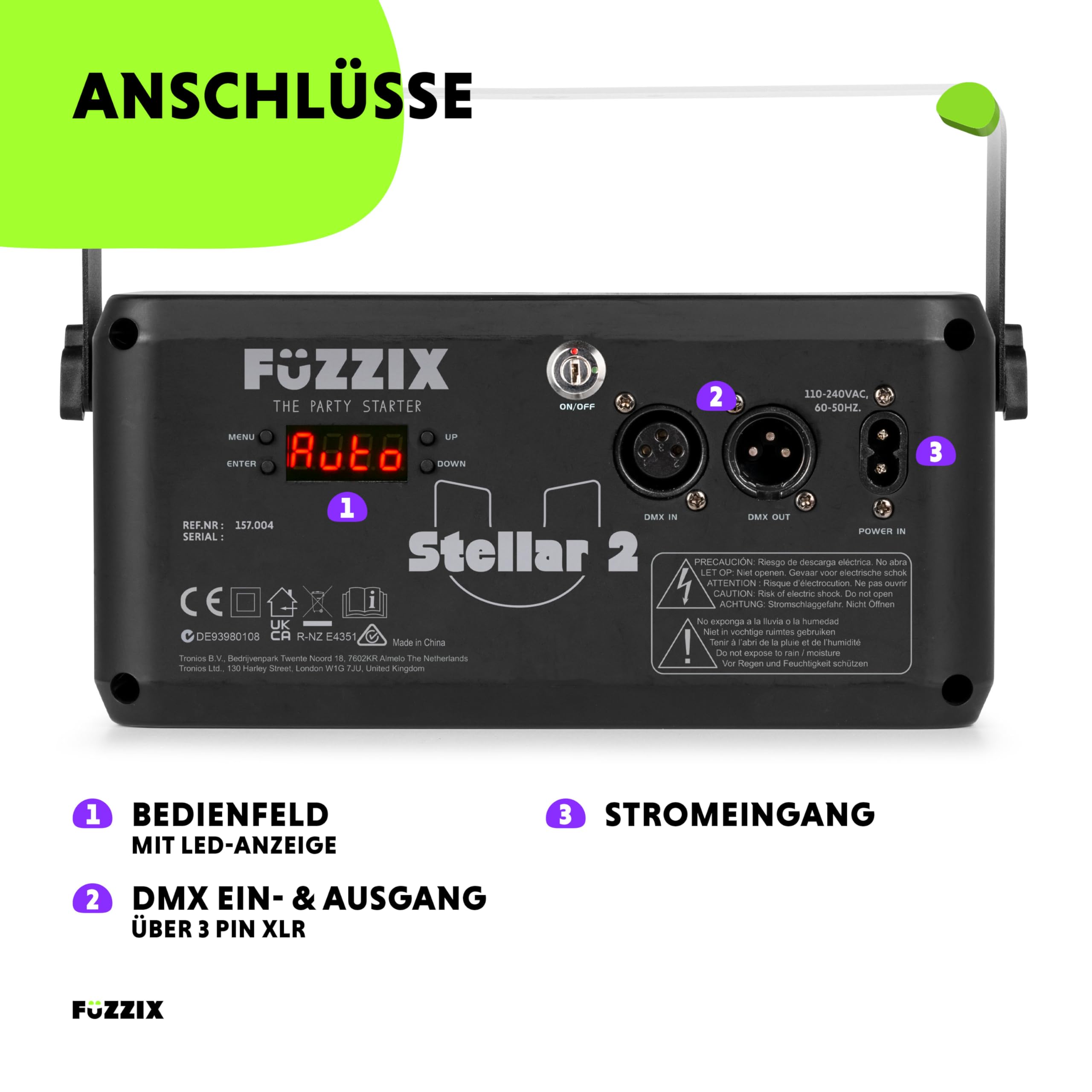 Fuzzix Stellar2 LED Discolicht Partylicht | 5-in-1 Lichtorgel Musikgesteuert LED mit RGBW Gobos, Bee-Eye Effekt & Doppel-Stroboskop | Disco Licht mit DMX Steuerung, Fernbedienung & Montagebügel