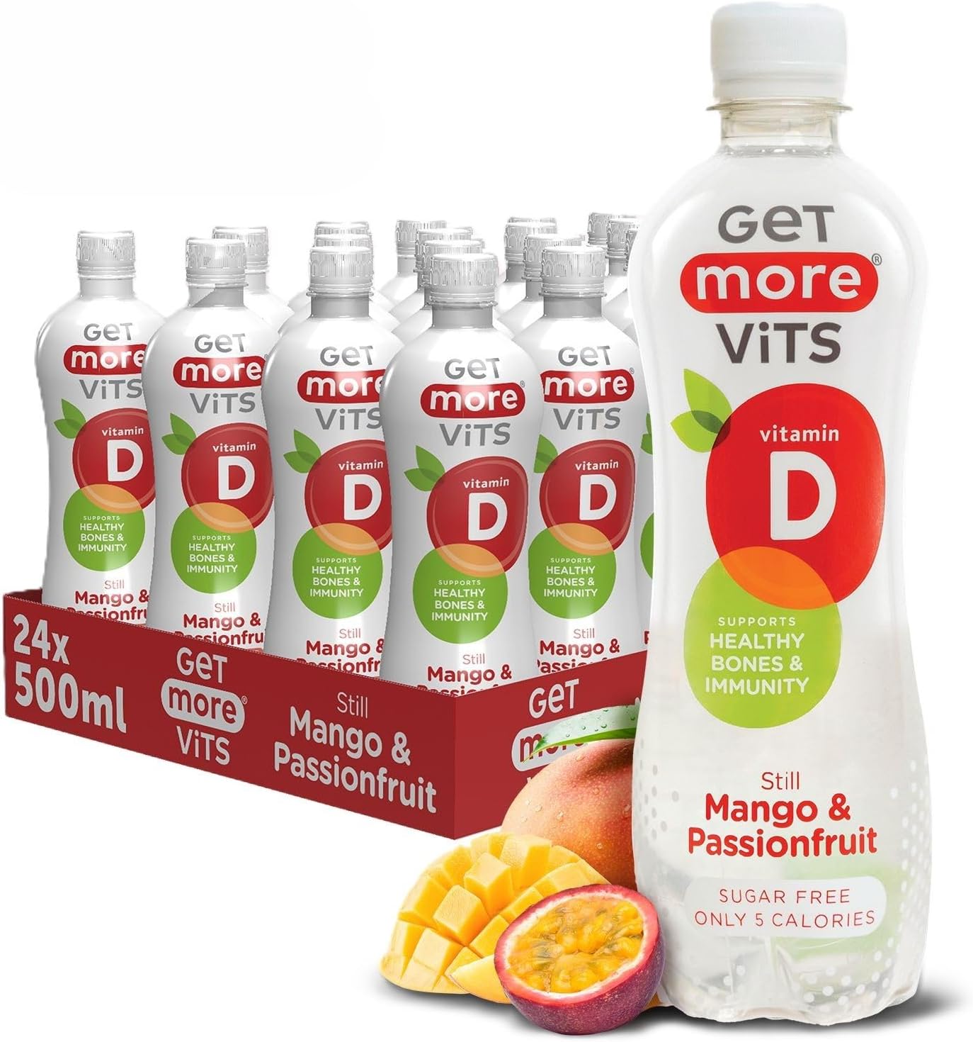 Vits - Vitamin D Still Mango & Passionfruit Spring Water (12 x 500ml), Support Healthy Bones, Teeth & Muscles, Boost Immune System, Sugar Free, Low Calorie, Natural Flavours, Vegetarian