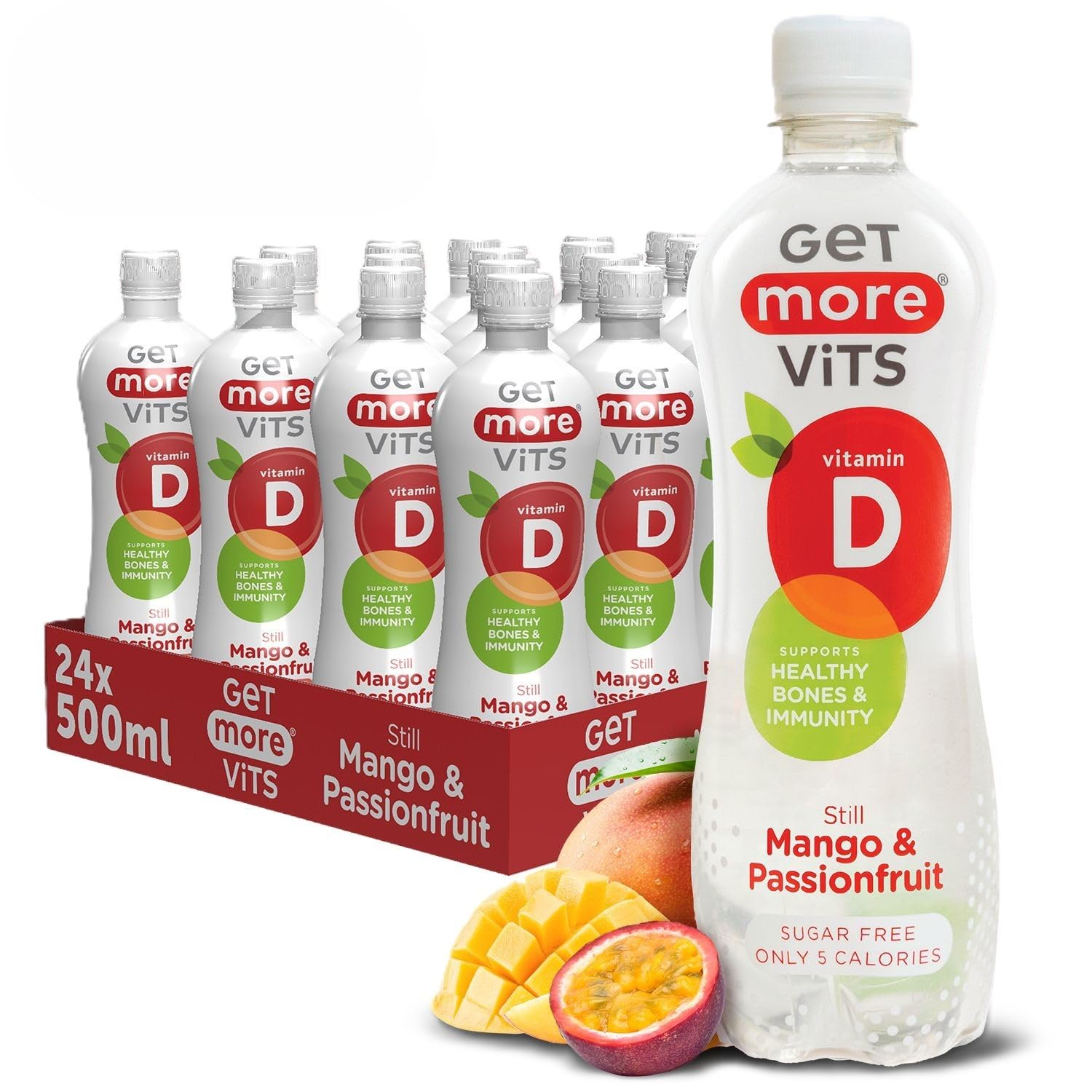 Vits - Vitamin D Still Mango & Passionfruit Spring Water (12 x 500ml), Support Healthy Bones, Teeth & Muscles, Boost Immune System, Sugar Free, Low Calorie, Natural Flavours, Vegetarian