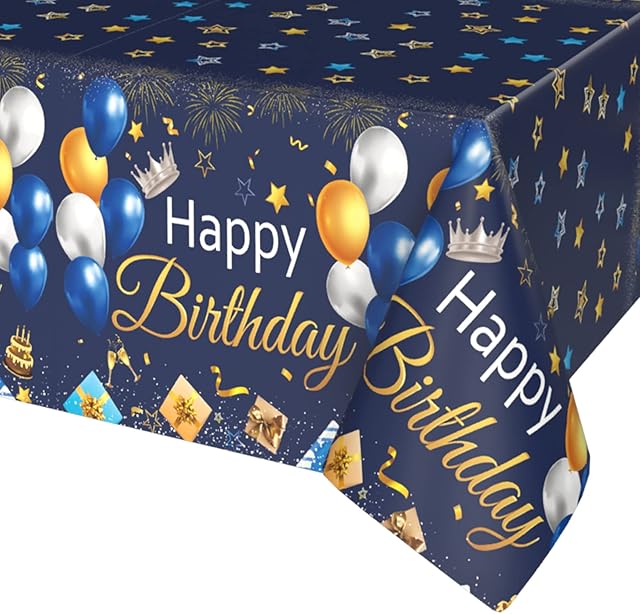 Blue Gold Birthday Table Cloth, 1PC Navy Blue and Gold Tablecloth for Birthday Party Decorations, Blue Happy Birthday Tablecloth Rectangle for Boys Girls Women Men Birthday Baby Shower Decorations