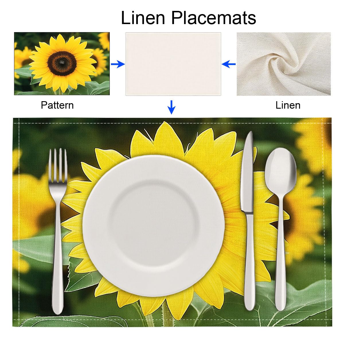 Set di 8 Colazione Stoffa 30x45cm, Natura Girasole Cotone e lino Tovagliette Americane Lavabili, Tovagliette Giallo Petali per Primavera Vacanze Cucina Feste, Pasqua