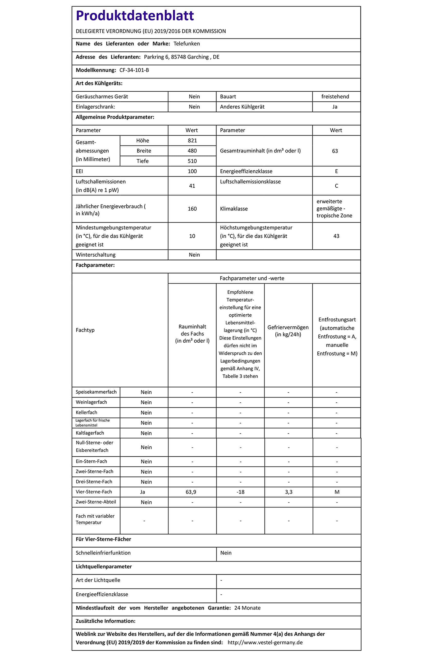 TELEFUNKEN Gefrierschrank | 63 L Nutzinhalt | Tiefkühlschrank - Leise & effizient | Energieverbrauch 160 kWh/Jahr | CF-34-101-B
