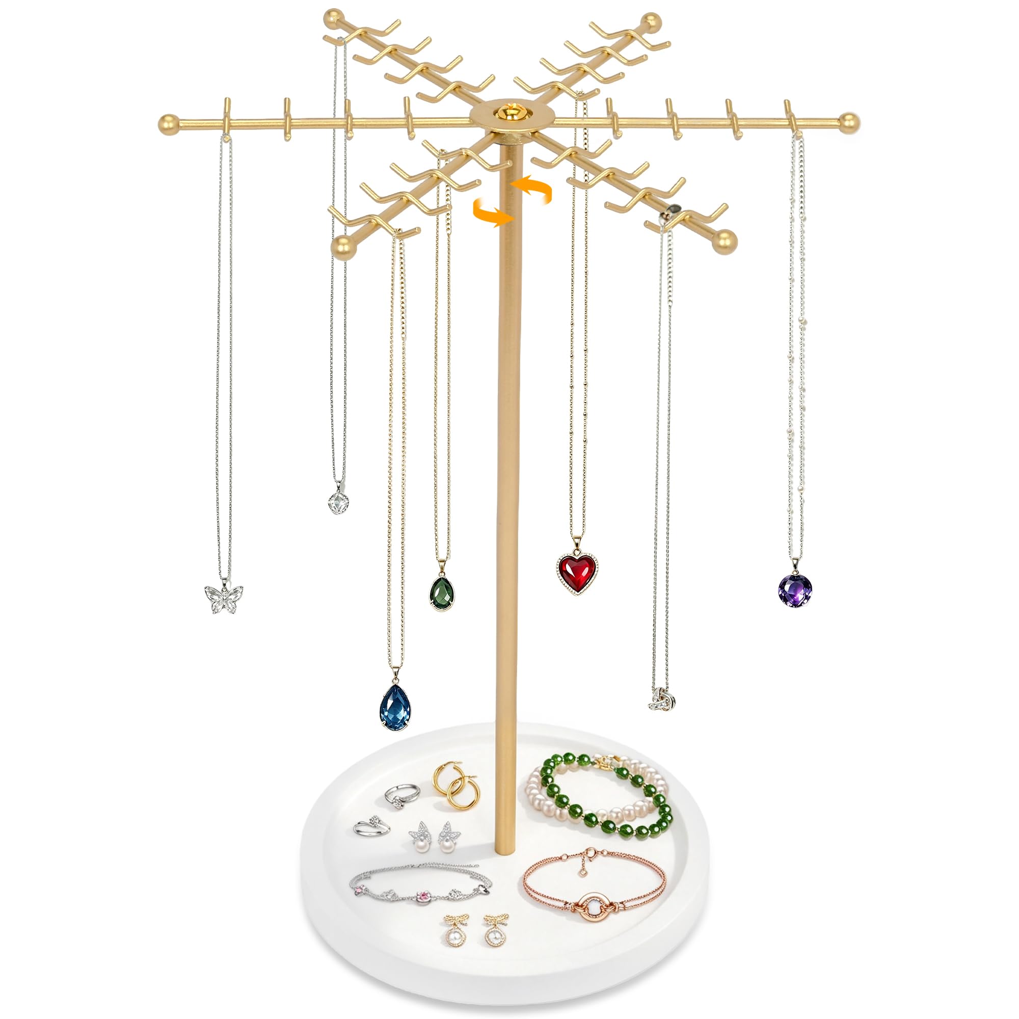 360° Rotating Jewellery Stand, Gold Necklace Stand with 48 Hooks, 32cm Tall