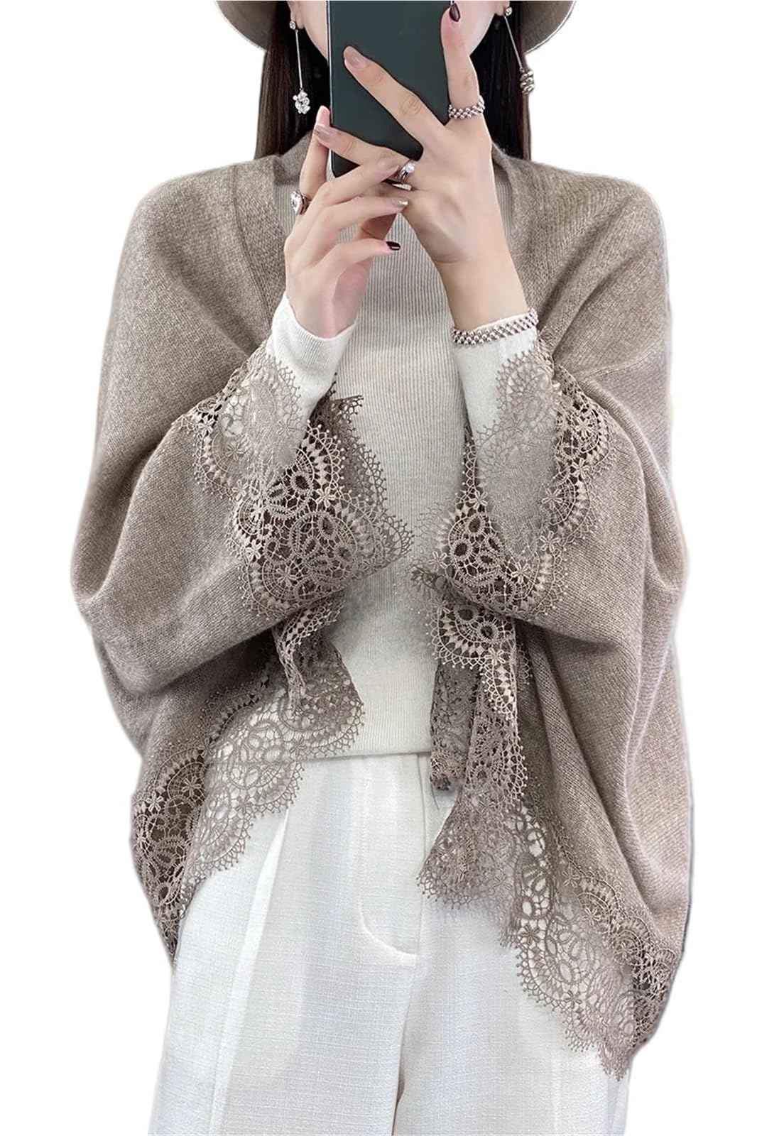 Scialle Donna Scialle Lavorato a Maglia in Lana con Bordo in Pizzo Primavera Autunno Cardigan Sottile da Donna Morbido, Delicato sulla Pelle, Traspirante e alla Moda(Brown)