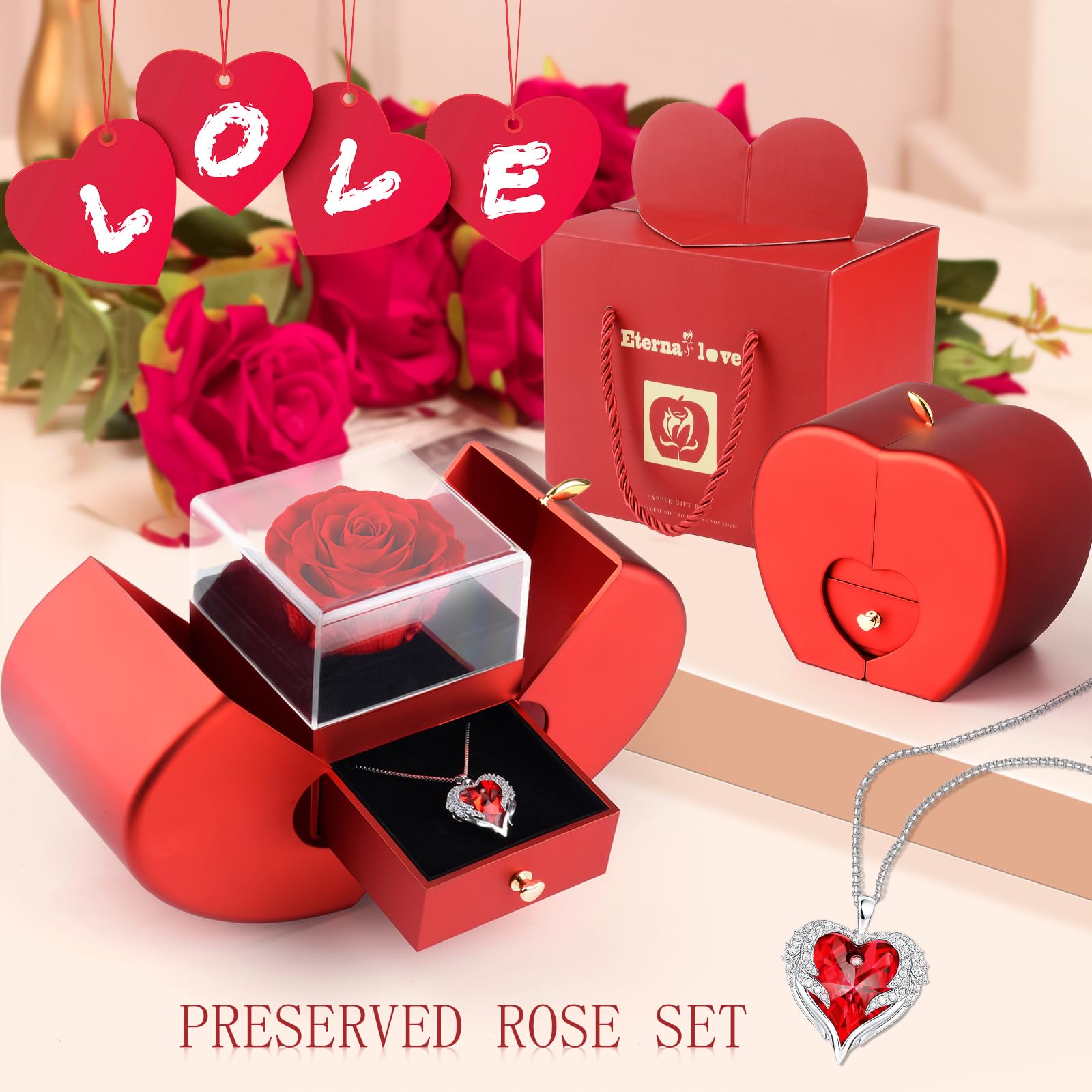 Rosa Stabilizzata Vera Collana Cuore Regalo Eterna Donna San Valentino
