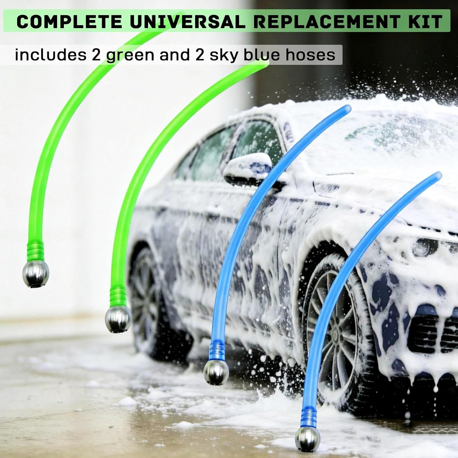 9.8 Inch Foam Cannon Hose Kit, 4-Pack Rubber Tubes (2 Green + 2 Sky Blue) with Straw Balls for Pressure Washer