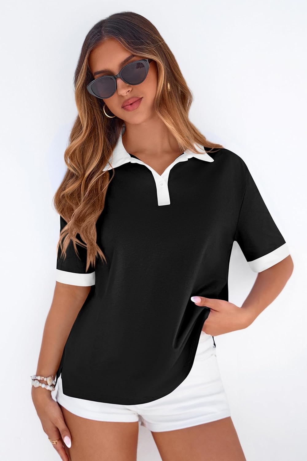 PRETTYGARDEN Summer Short Sleeve Polo Shirts for Women Collared V Neck Work Dressy Tops Knit Loose Business Casual Outfits - Image 2