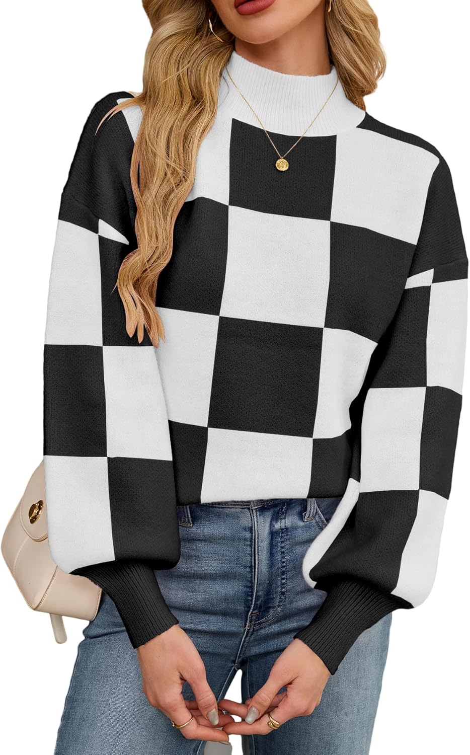 Womens Oversized Cute Checkered Sweater Fall 2025 Trendy Preppy Chunky Knit Mock Neck Long Sleeve Pullover Sweaters