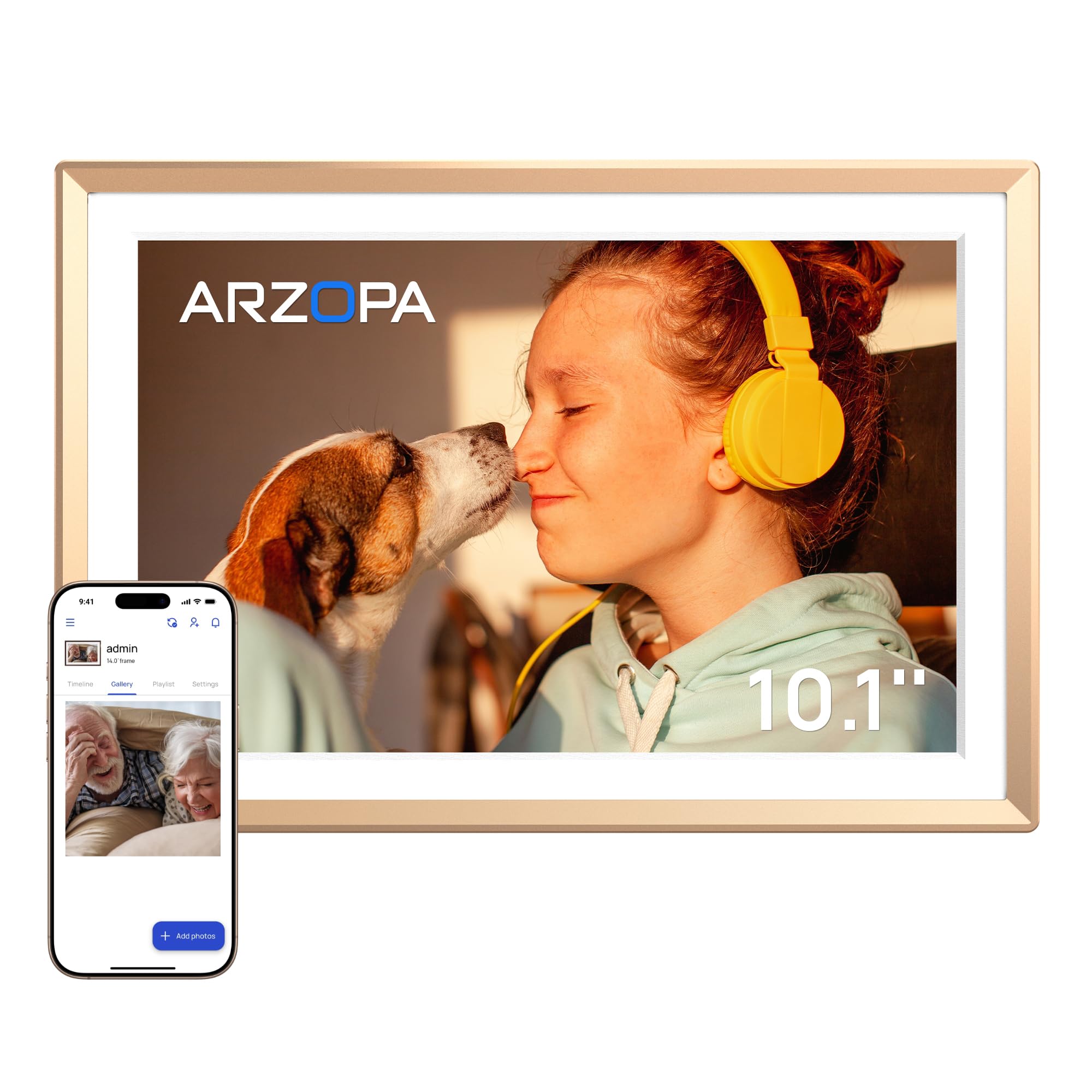 ARZOPA Marco de Fotos Digital 10.1" Nube Ilimitada Gratis HD IPS Pantalla Táctil Marco Digital de Metal Comparte Fotos Videos a Distancia Via App Marco Personalizado Regalar - D10 Gold