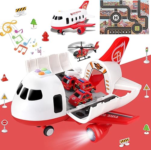 Dwi Dowellin Juego de juguetes de avión con camión de bomberos y tapete de juego, avión con luz y sonidos, regalo de cumpleaños para niños y niñas