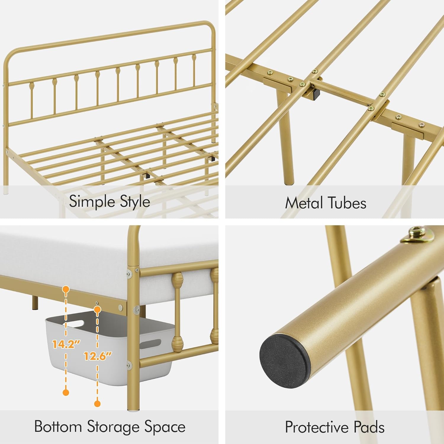 Collage of detailed features including simple style, metal tubes, bottom storage space with dimensions, and protective footpads.