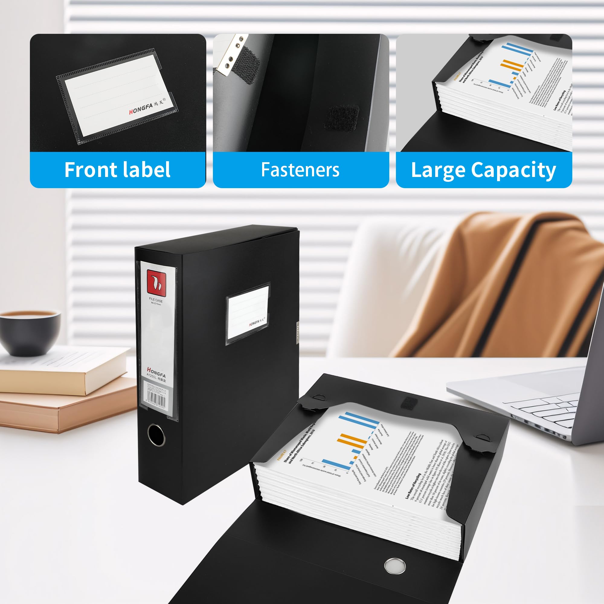 YKUKIZEE 12 Pack Black A4 Files Box, 55 mm Spine A4 Document Box Deep Foldable, Plastic Foolscap Filing Organiser Boxes for Paperwork Archive Office Stationery Home School - Image 4