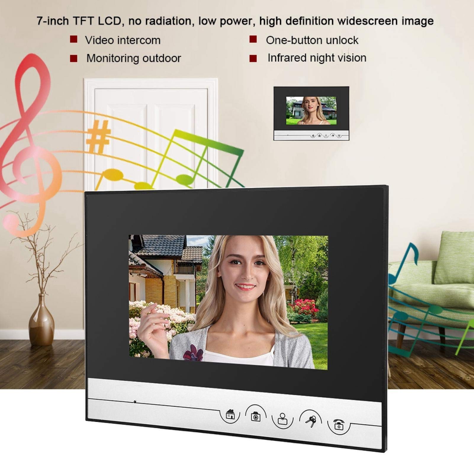 Videocitofono Videocitofono da 7 pollici Monitor LCD Videocamera per visione notturna Kit campanello con cavi di collegamento per appartamento da casa, 12 accordi Suoneria(Unione Europea)