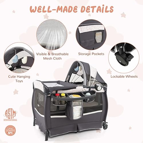 Miniatura 2 de HONEY JOY Pack and Play, Corralito Portátil 4 en 1 para Cuna de Bebé con Moisés, Mesa Cambiadora, Toldo, Colchón, Caja de Música, Bolsa de Gris