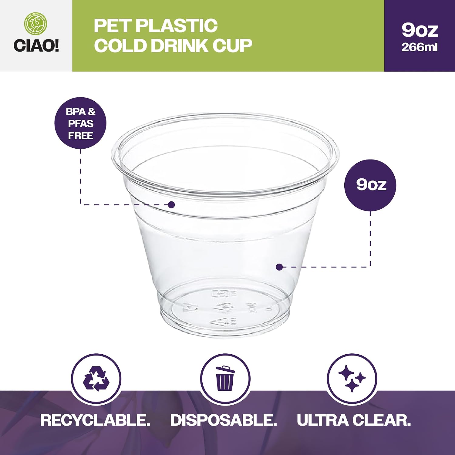 CIAO! 9OZ PET Plastic Cold Drink Cup, Great for Smoothies, Iced Coffee, and Cold Drinks, 92mm (Case of 1,000)