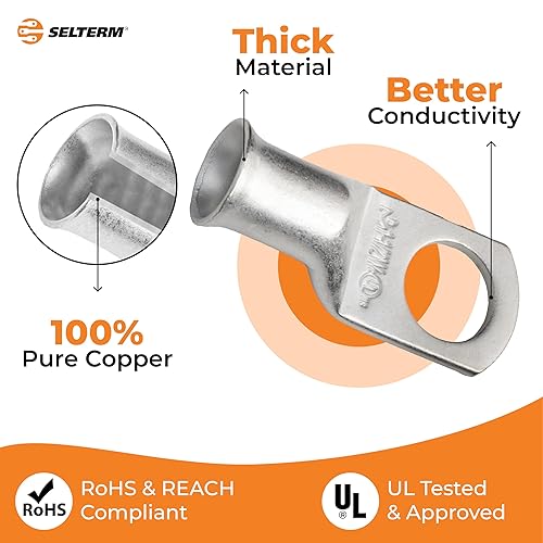 Miniatura 463 de SELTERM - Terminal en anillo de grado marino UL 2/0 AWG 3/8 pulgadas (25 uds) para batería, terminal tubular de cable eléctrico, conector calibre