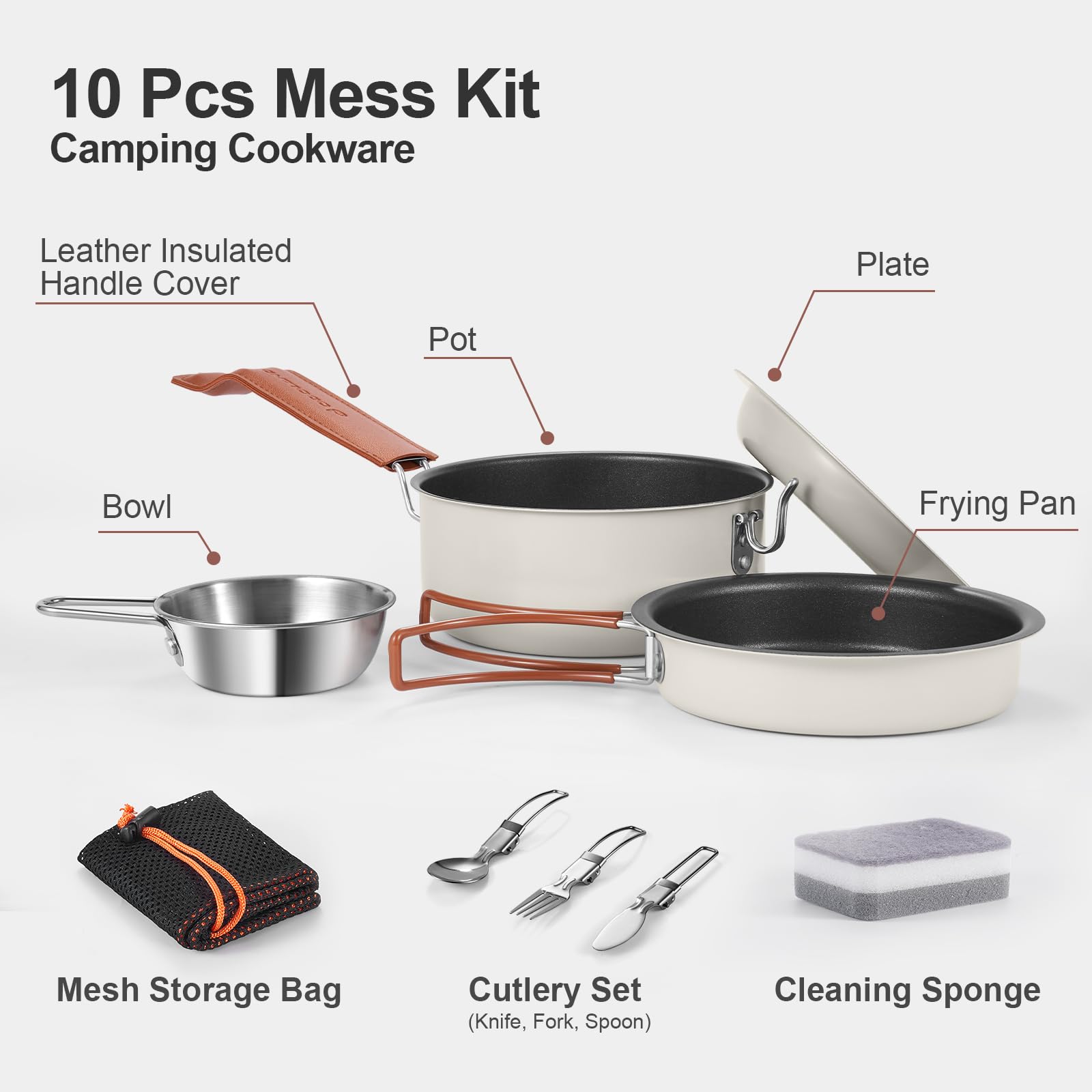 Odoland Juego de 10 Utensilios de Cocina para Camping, antiadherentes, Ligeros, con Platos, Cuencos, Tenedores, Cuchillos y cucharas, mochileros, Camping, Senderismo y Picnic, Color