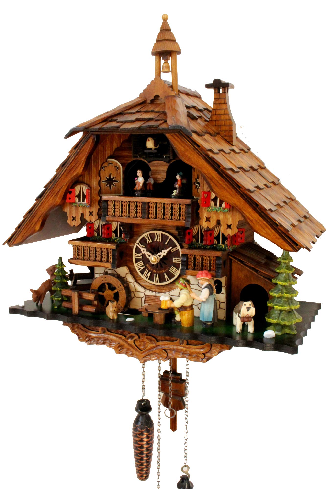 CLOCKVILLA HETTICH UHREN Schwarzwälder Kuckucksuhr Schwarzwaldhaus Quarz bewegliche Schwarzwaldfrau Biertrinker Musik