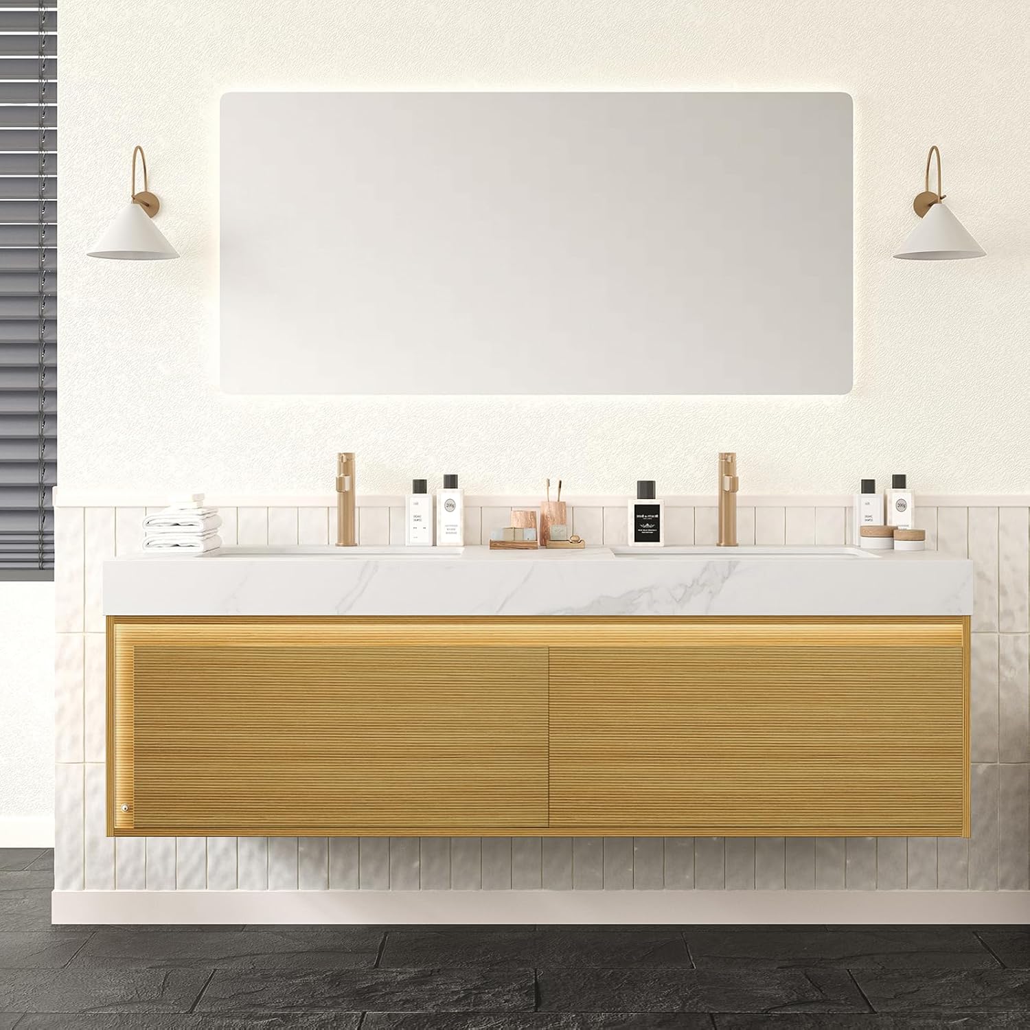 Ambrovina 60" Floating Bathroom Vanity with Double Sink, Plywood Storage Cabinet with Drawer and Sensor Light, Carrara White Sintered Stone Top and Ceramic Basin, Pre-Assembled, Natural Wood