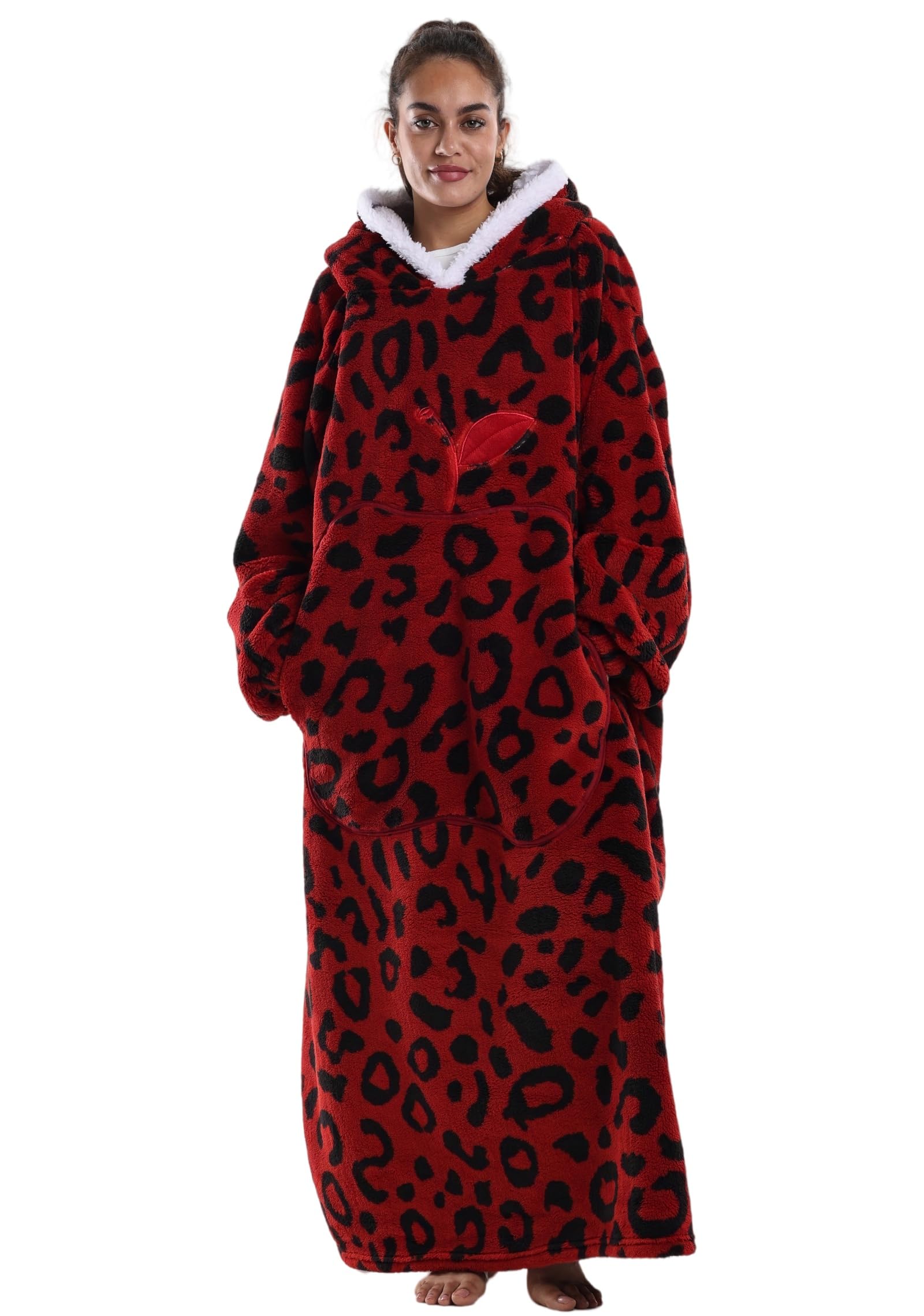 Pterygoid Extra Long Oversized Blanket Hoodie,Hooded Wearable Blanket with Sleeves for Women and Men,Soft Fleece Giant Sweatshirt with Pocket Gift for Adult Teenager,Red Leopard — image 1