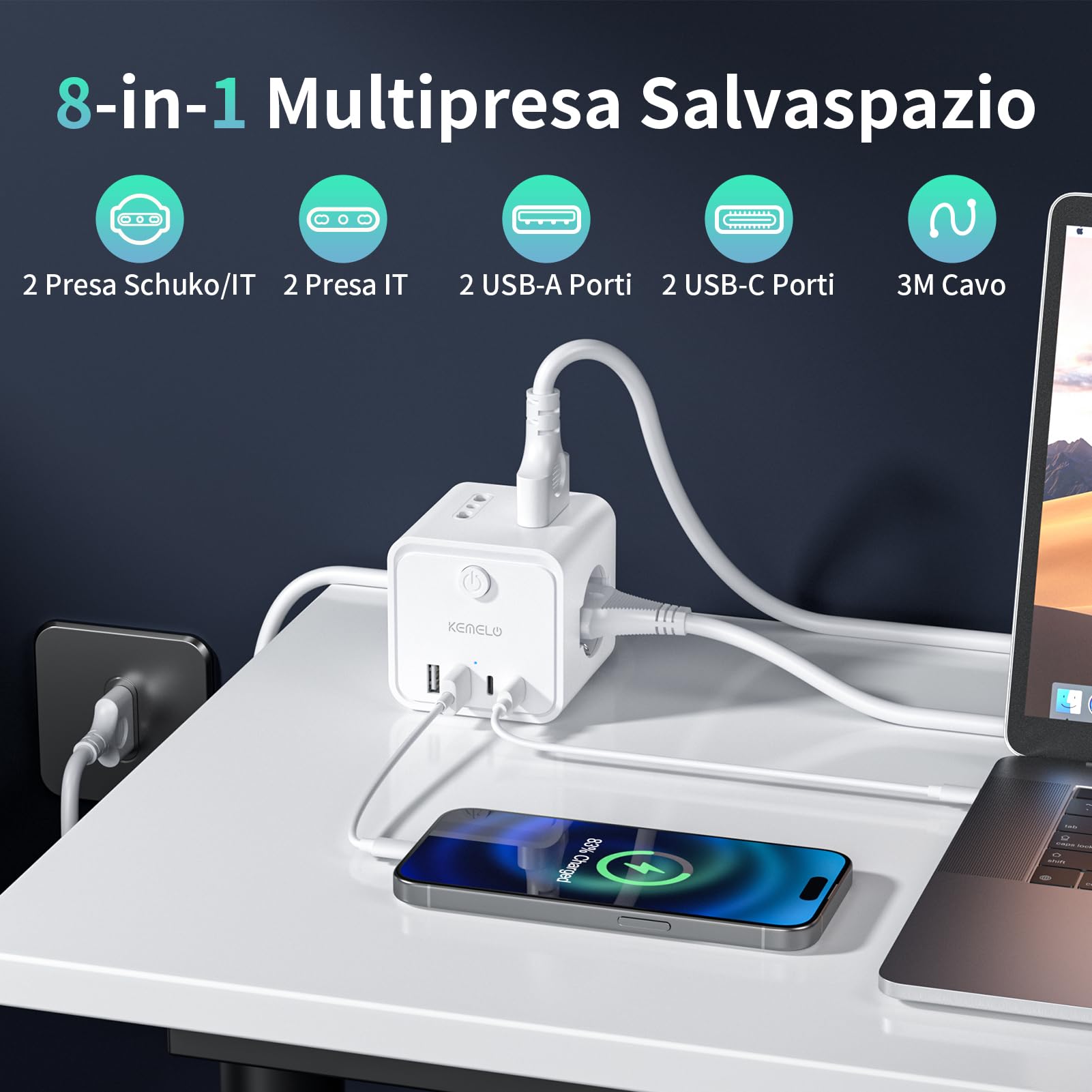 Steckdosenleiste mit 4 Universalsteckdosen 10/16 A ITA und Schuko, 3 m Verlängerungskabel mit 2 USB A + 2 USB C, Mehrfachsteckdose, platzsparend, mit Schaltern für Haus, Büro, Schwarz