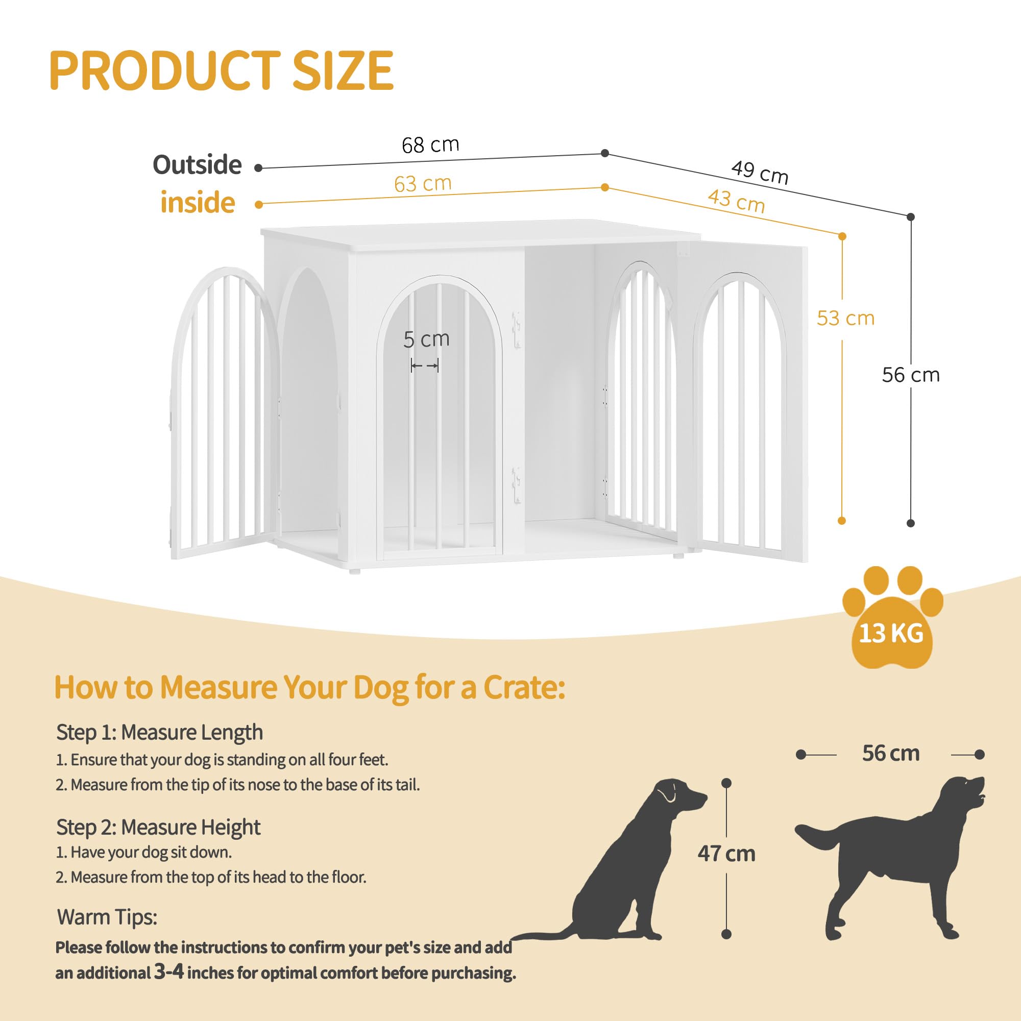 Hzuaneri 68 cm Gabbia per Cani, Tavolo Supplemento, Cuccia Moderna per Cani Interno, Gabbia per Cuccioli, Casetta per Animali, 3 porte, Porta ad arco, 49 x 68 x 56 cm, Bianco DFC85513W