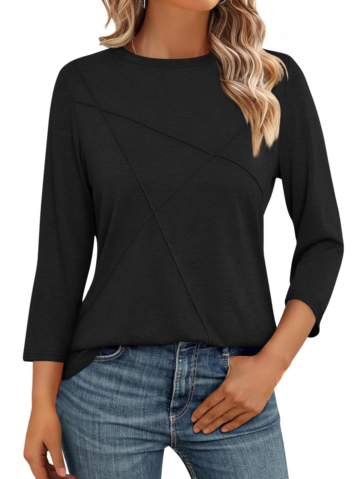 TICTICMISS Womens 3/4 Sleeve Tops Crew Neck Summer Tops Casual Basic Tees Loose Fit Blouses